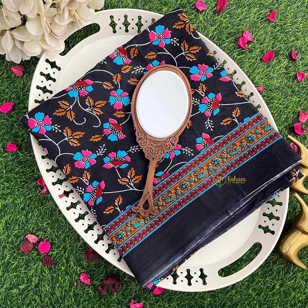 Vriksham Bohemian Black Floral Textile with Ornate Blue Border Mulmul Cotton Saree-VS5058