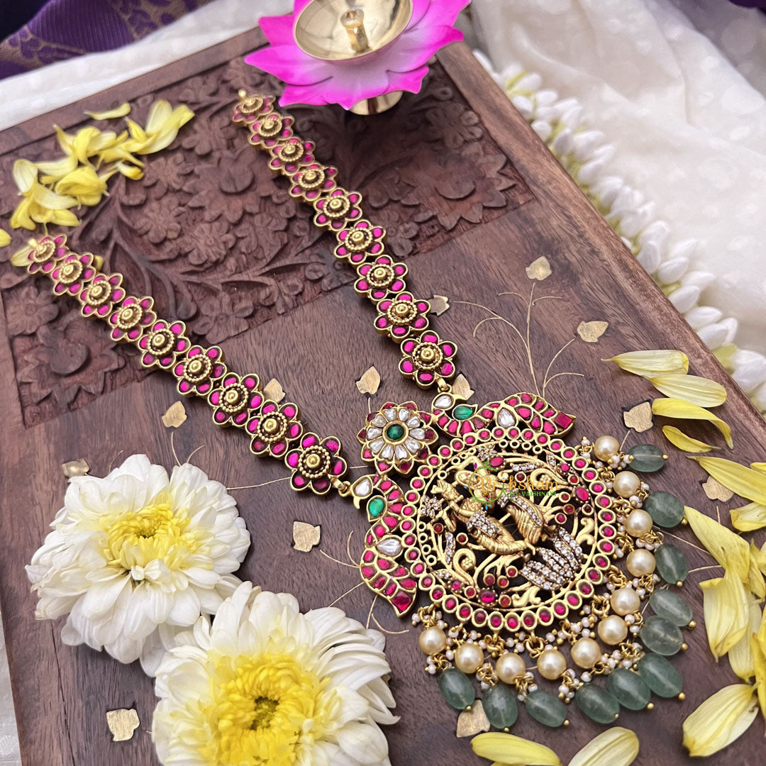 Vriksham Radha Krishna Pendant Jadau Kundan Long Neckpiece-Pastel Green Beads-J3706
