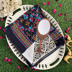 Vriksham Bohemian Black Floral Textile with Ornate Blue Border Mulmul Cotton Saree-VS5058