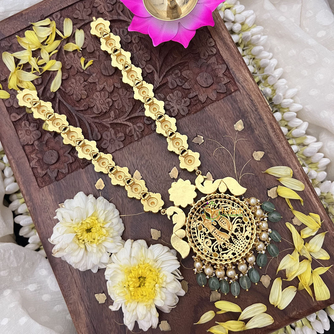 Vriksham Radha Krishna Pendant Jadau Kundan Long Neckpiece-Pastel Green Beads-J3706