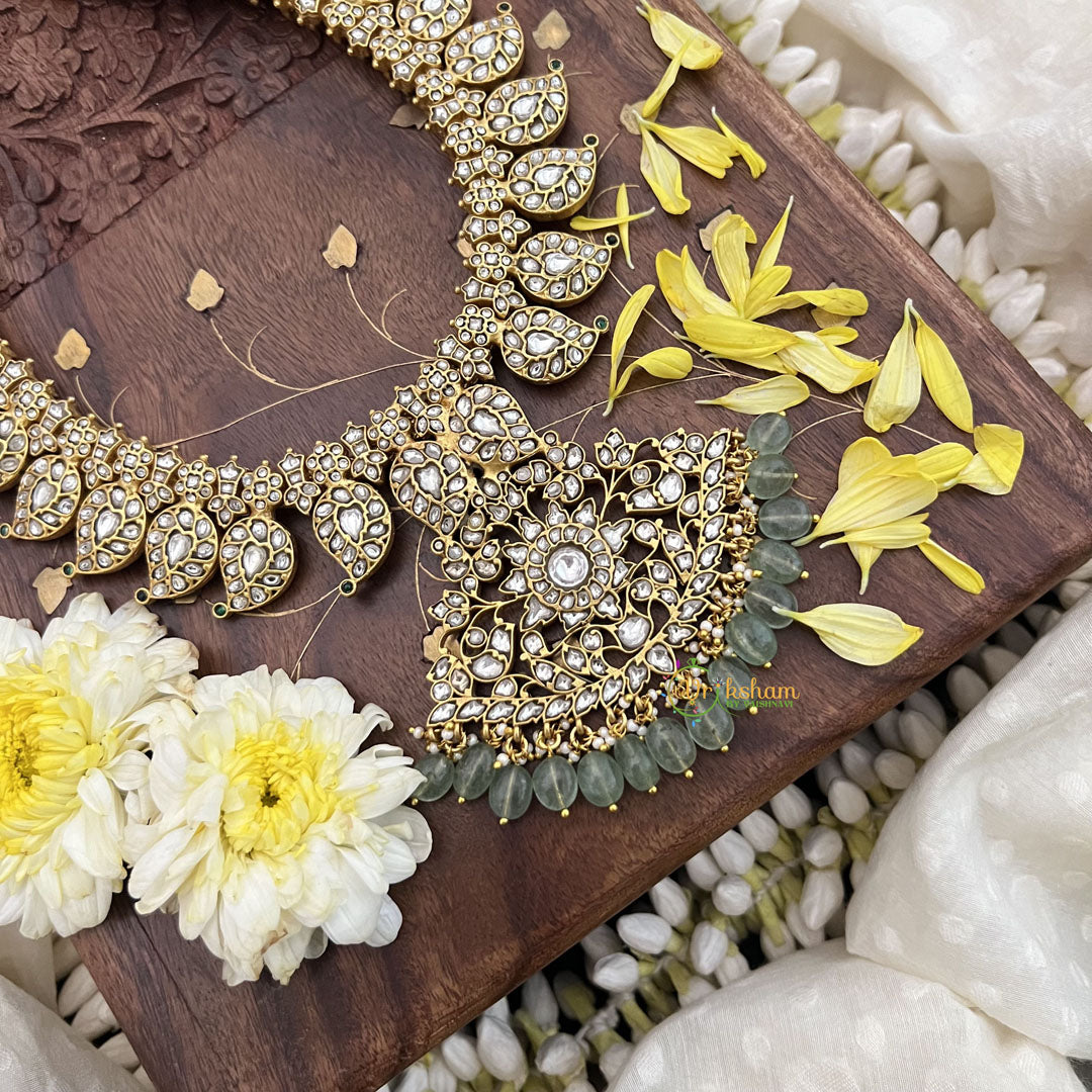 Vriksham Kundan Jadau White Maanga Neckpiece-Pastel Green Beads-J3707