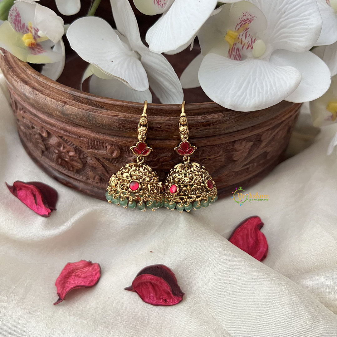 Vriksham Gold Look Alike Elephant Hook Jhumka-Red-Pastel Green Bead-G18285