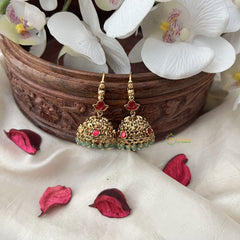 Vriksham Gold Look Alike Elephant Hook Jhumka-Red-Pastel Green Bead-G18285