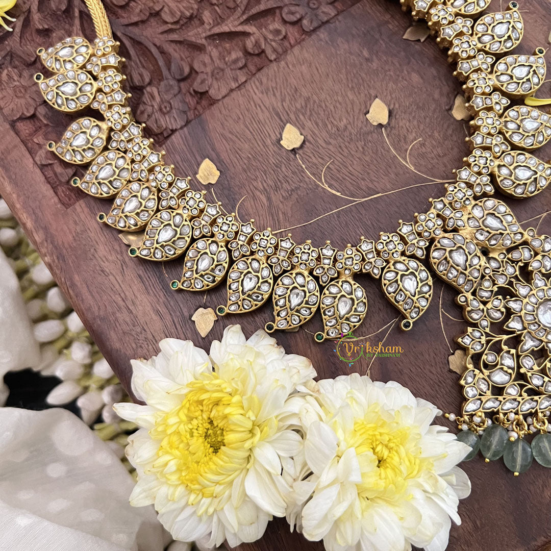 Vriksham Kundan Jadau White Maanga Neckpiece-Pastel Green Beads-J3707