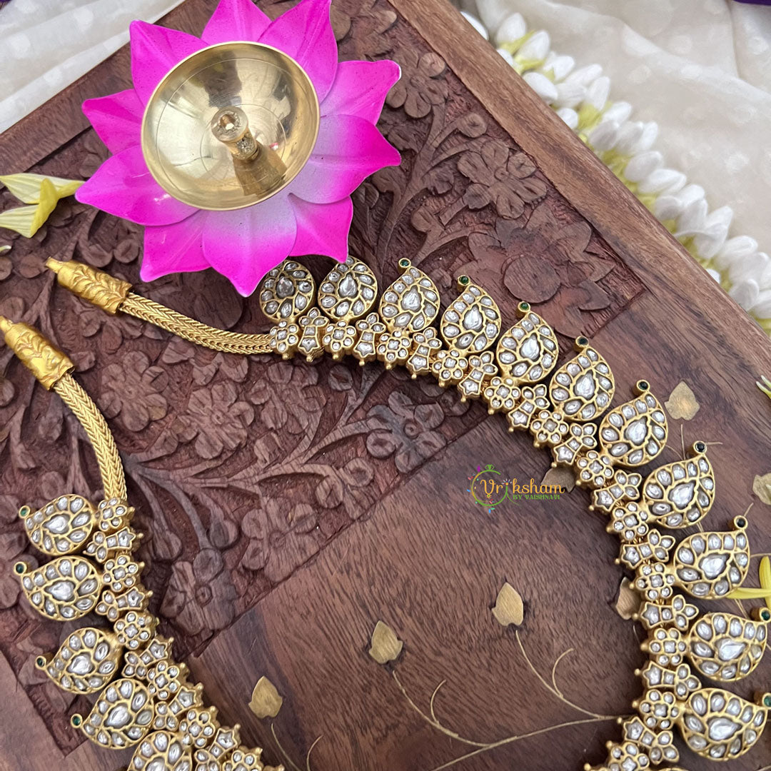 Vriksham Kundan Jadau White Maanga Neckpiece-Pastel Green Beads-J3707