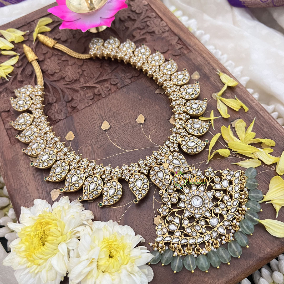 Vriksham Kundan Jadau White Maanga Neckpiece-Pastel Green Beads-J3707