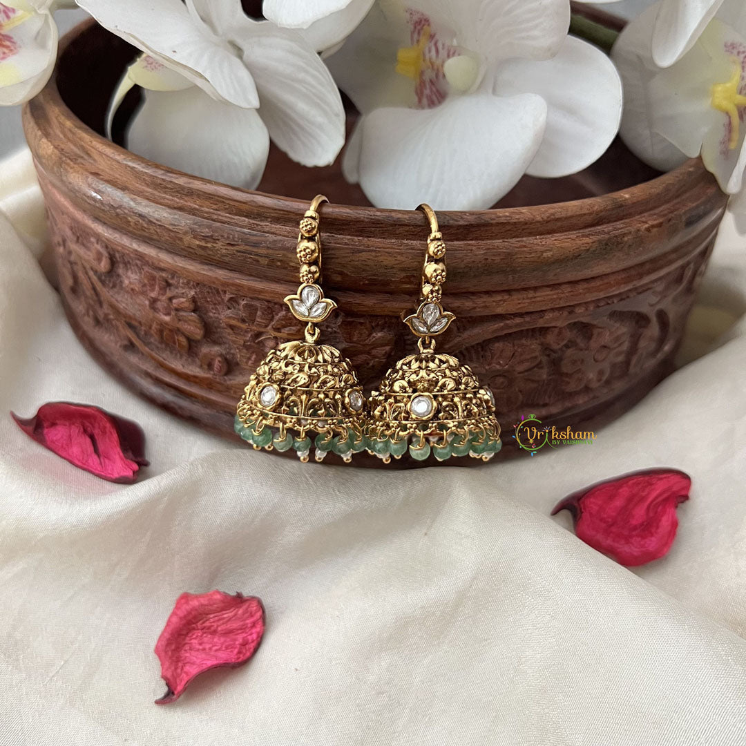 Vriksham Gold Look Alike Elephant Hook Jhumka-White-Pastel Green Bead-G18286