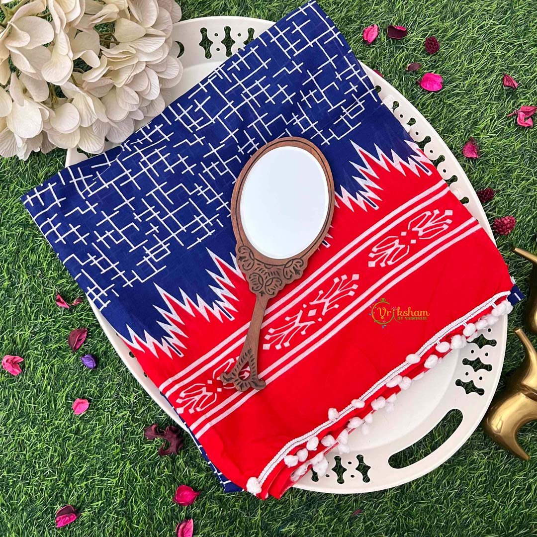 Vriksham Ink Blue Cotton Mulmul Saree With Pom Pom Lace-VS4426