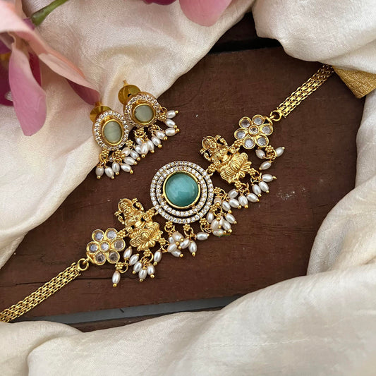 Premium Lakshmi Choker Neckpiece-Aqua Green-Rice Pearls-G12818