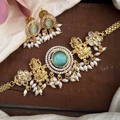 Premium Lakshmi Choker Neckpiece-Aqua Green-Rice Pearls-G12818