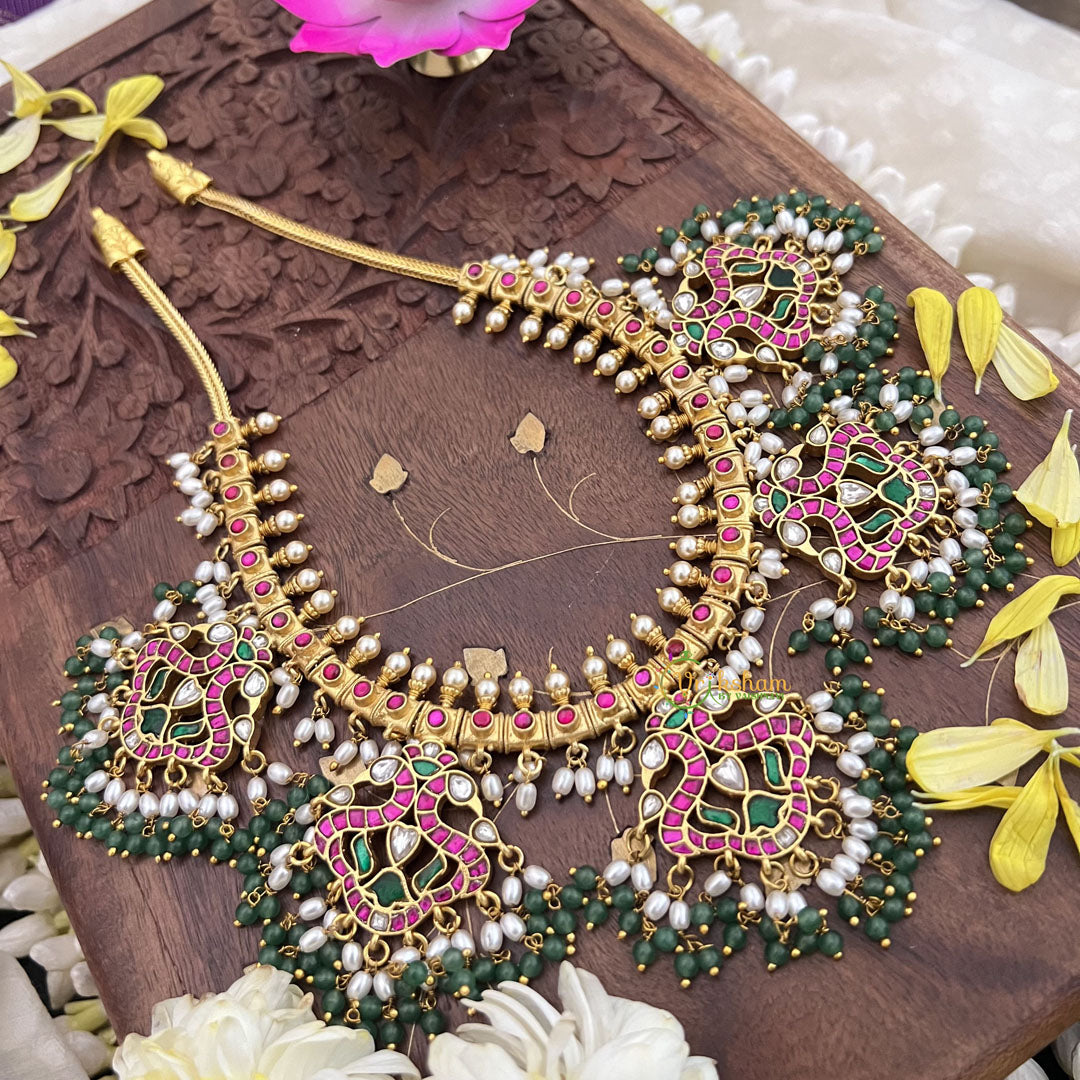 Vriksham Elegant Dual Peacock Jadau Kundan Short Neckpiece-Green Bead-J3712