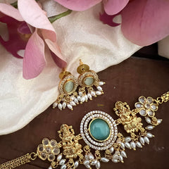 Premium Lakshmi Choker Neckpiece-Aqua Green-Rice Pearls-G12818