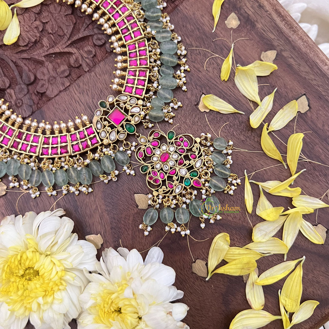 Vriksham Unique Kundan Jadau Pendant Short Neckpiece-Pastel Green Beads-J3709