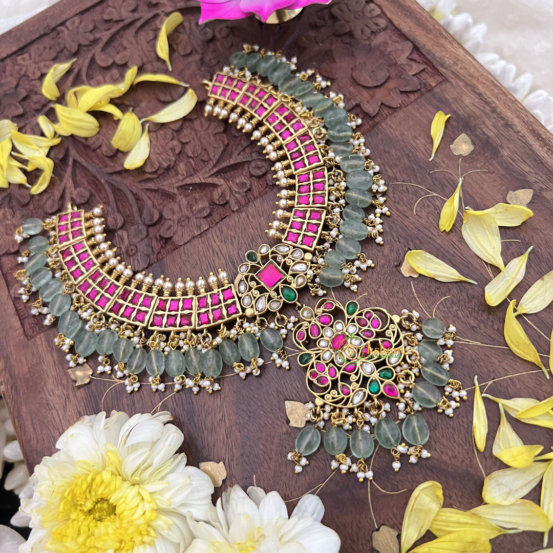 Vriksham Unique Kundan Jadau Pendant Short Neckpiece-Pastel Green Beads-J3709