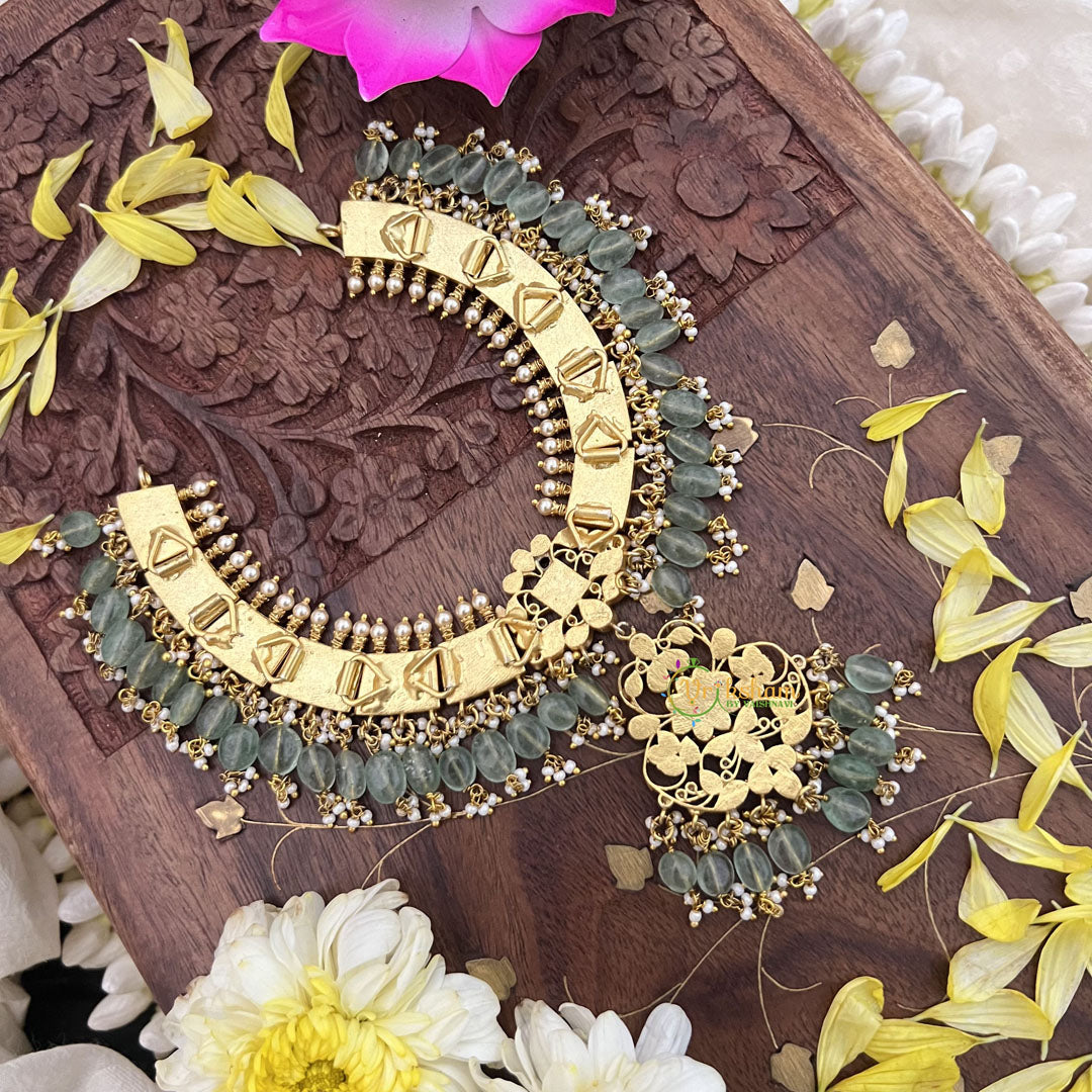 Vriksham Unique Kundan Jadau Pendant Short Neckpiece-Pastel Green Beads-J3709