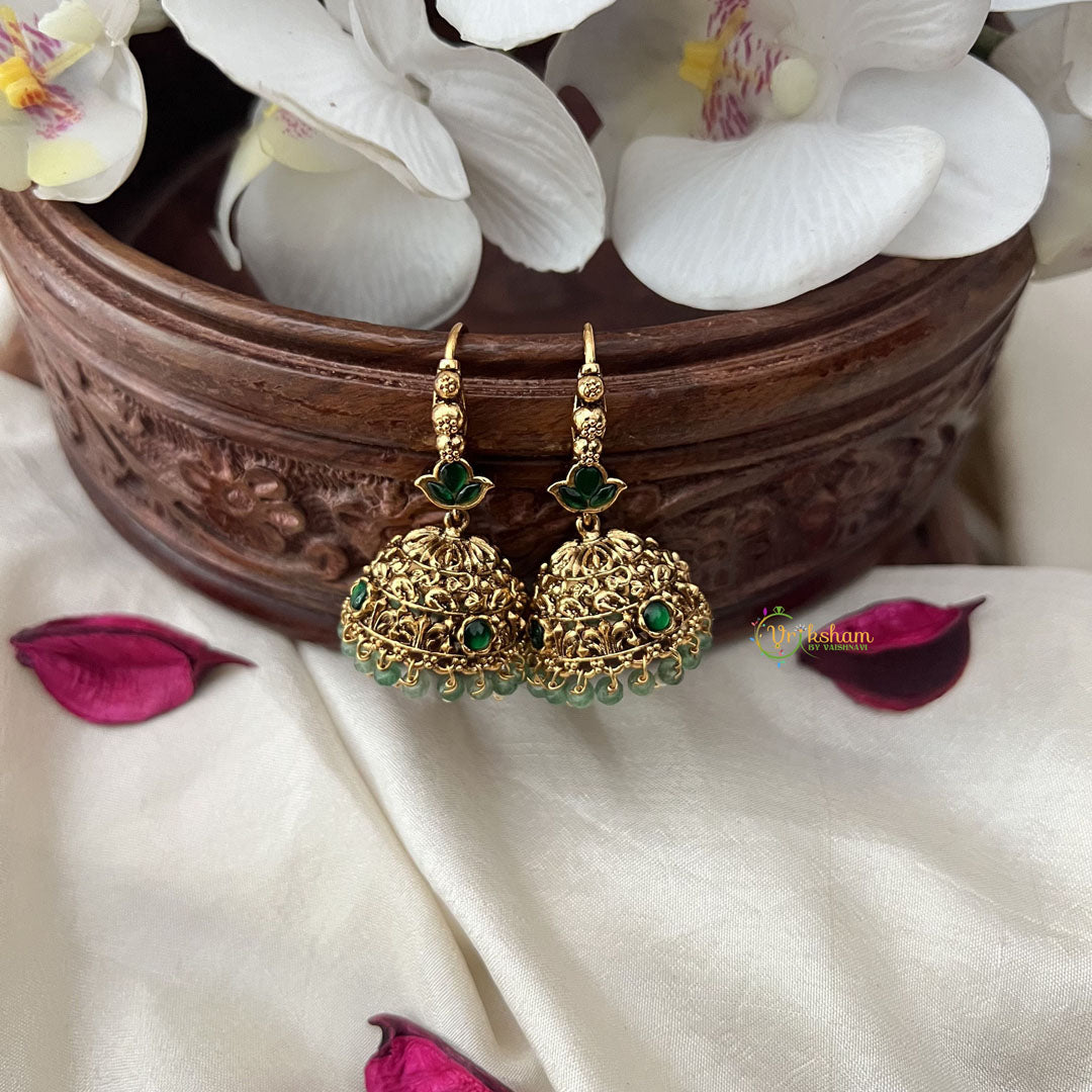 Vriksham Gold Look Alike Elephant Hook Jhumka-Green-Pastel Green Bead-G18287