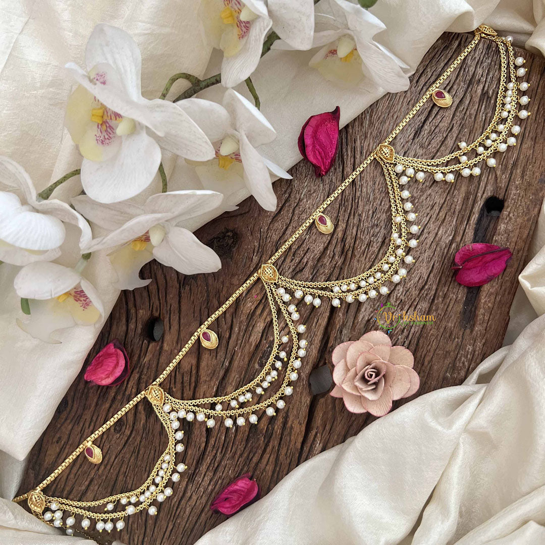 Vriksham Gold Plated Pear Champ Bridal Double Pearl layered Wave Hipchain-Red-Pearls-G20780