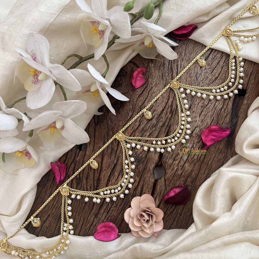 Vriksham Gold Plated Pear Champ Bridal Double Pearl layered Wave Hipchain-White-Pearls-G20779