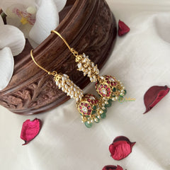 Vriksham Elegant Red Green Stone Hook Jhumka-Pastel Green Bead-Rice Pearl-G18283