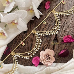 Vriksham Gold Plated Pear Champ Bridal Double Pearl layered Wave Hipchain-Red Green-Pearls-G20781