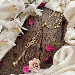 Vriksham Gold Plated Pear Champ Bridal Double Pearl layered Wave Hipchain-Red Green-Pearls-G20781