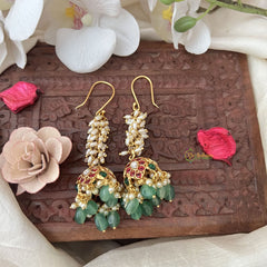 Vriksham Elegant Red Green Stone Hook Jhumka-Pastel Green Bead-Rice Pearl-G18283