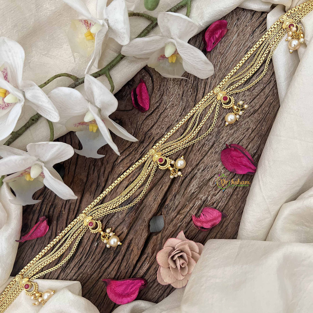 Vriksham Antique Gold Flgaro & Half Moon Drop Champ Hipchain-Red-Pearls-G20786