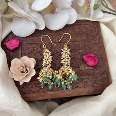 Vriksham Elegant White Stone Hook Jhumka-Pastel Green Bead-Rice Pearl-G18282