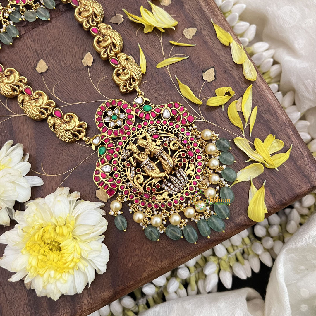 Vriksham Radha Krishna Pendant Jadau Kundan with Peacock Neckpiece-Pastel Green Bead-J3714