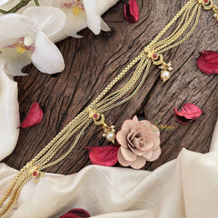 Vriksham Antique Gold Flgaro & Half Moon Drop Champ Hipchain-Red-Pearls-G20786