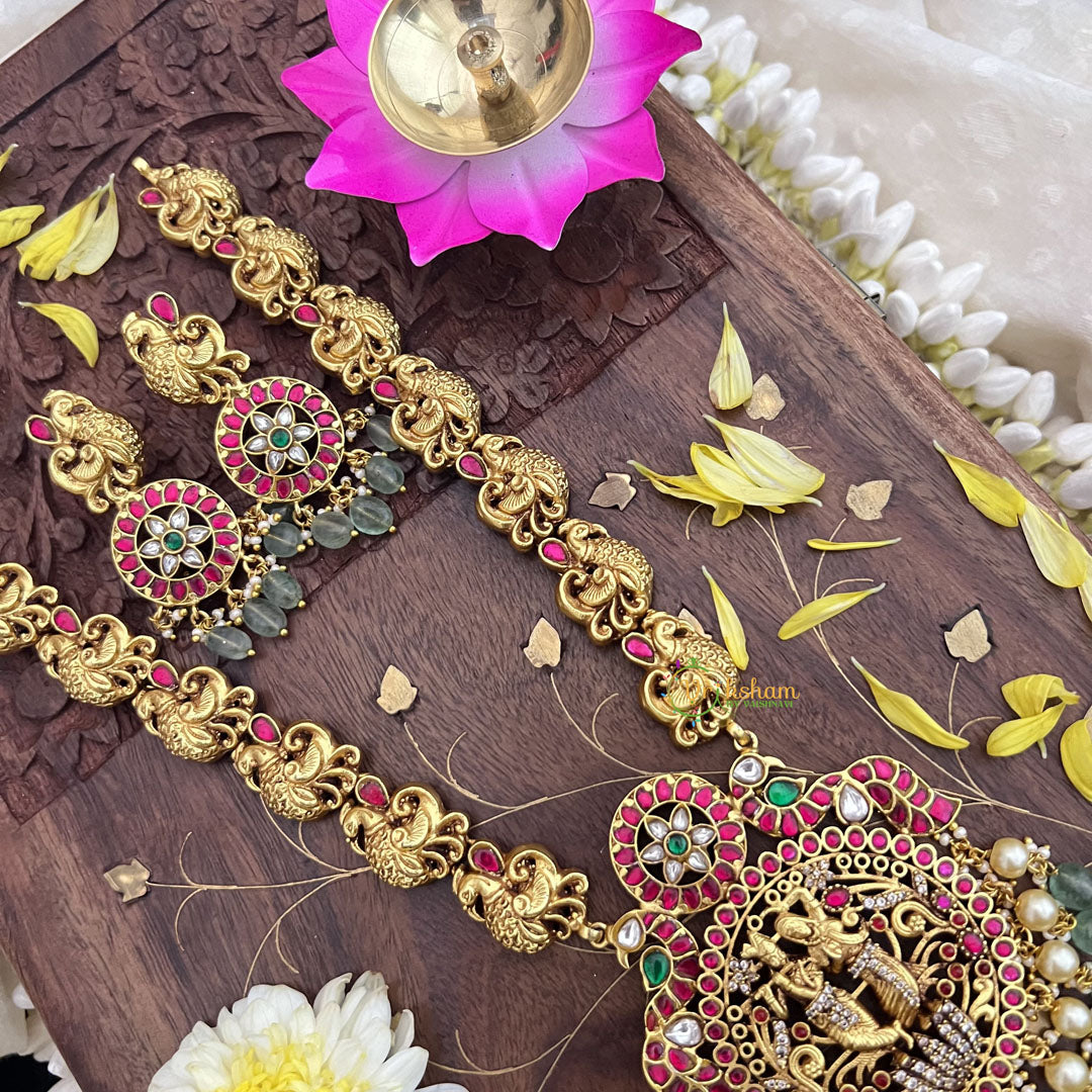 Vriksham Radha Krishna Pendant Jadau Kundan with Peacock Neckpiece-Pastel Green Bead-J3714