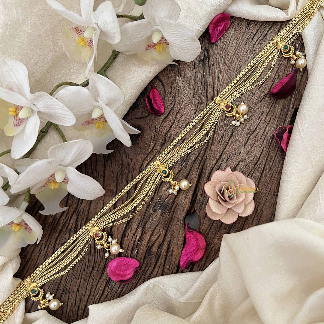 Vriksham Antique Gold Flgaro & Half Moon Drop Champ Hipchain-Red Green-Pearls-G20785