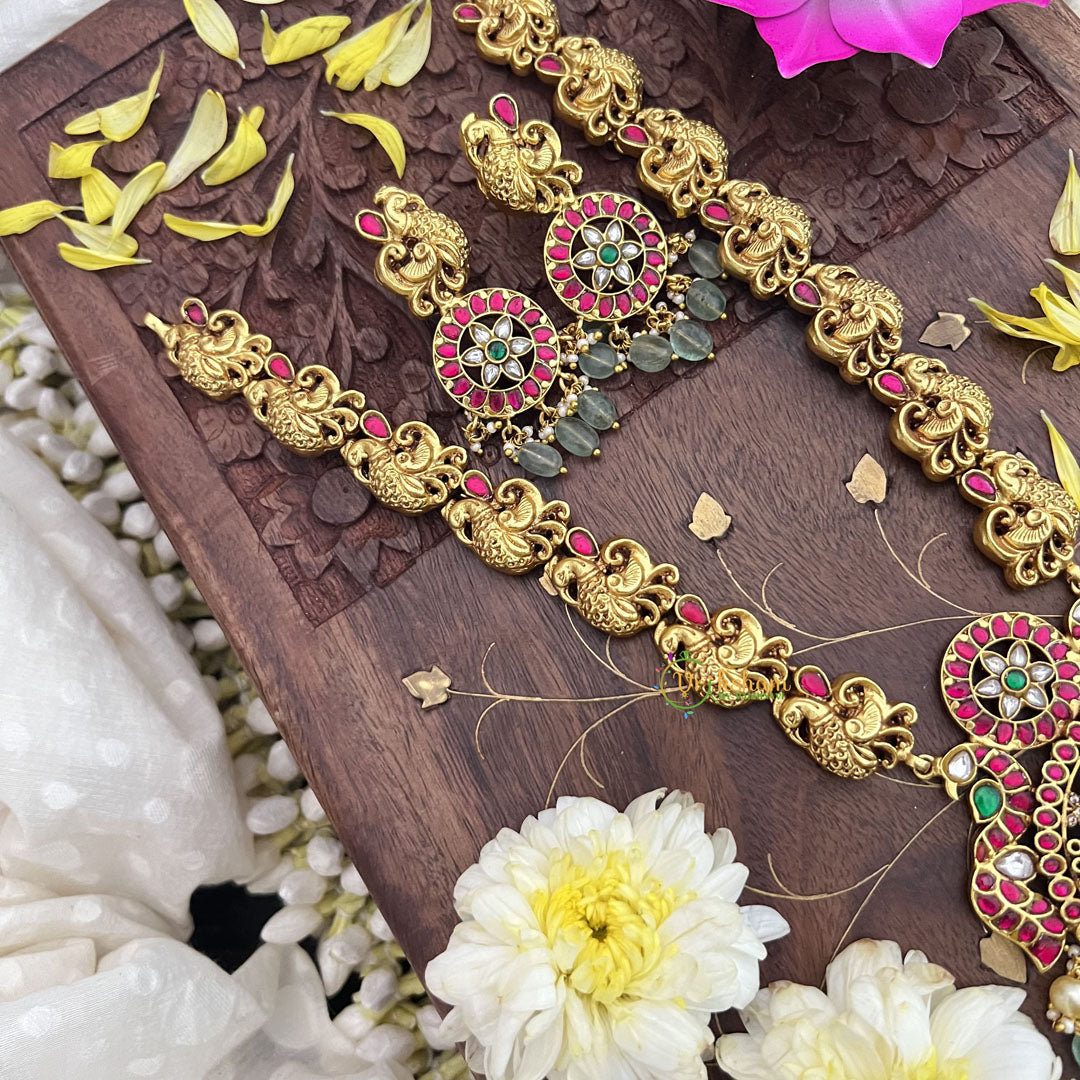 Vriksham Radha Krishna Pendant Jadau Kundan with Peacock Neckpiece-Pastel Green Bead-J3714