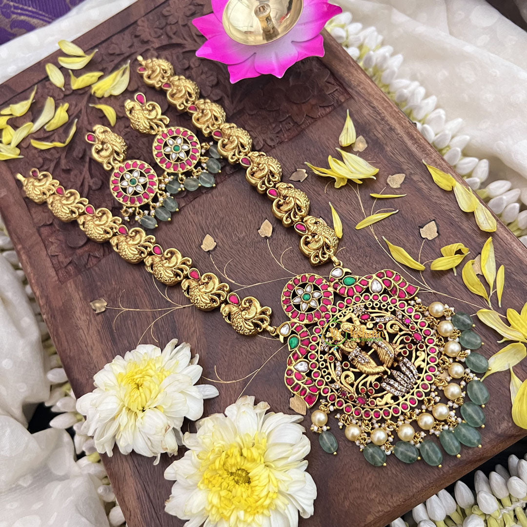 Vriksham Radha Krishna Pendant Jadau Kundan with Peacock Neckpiece-Pastel Green Bead-J3714