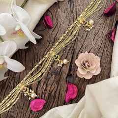 Vriksham Antique Gold Flgaro & Half Moon Drop Champ Hipchain-Red Green-Pearls-G20785