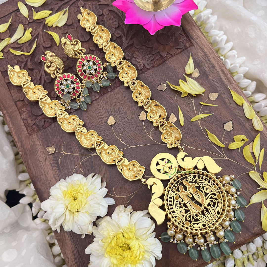 Vriksham Radha Krishna Pendant Jadau Kundan with Peacock Neckpiece-Pastel Green Bead-J3714
