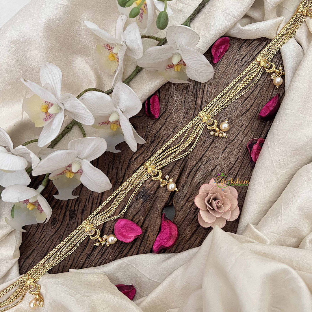 Vriksham Antique Gold Flgaro & Half Moon Drop Champ Hipchain-White-Pearls-G20787