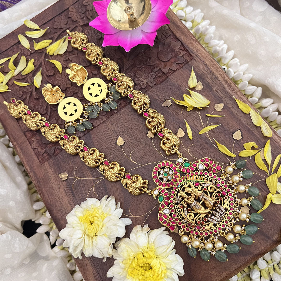Vriksham Radha Krishna Pendant Jadau Kundan with Peacock Neckpiece-Pastel Green Bead-J3714