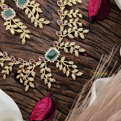 Vriksham Leaf Motif Red Green AD Stone Short Neckpiece-G16351