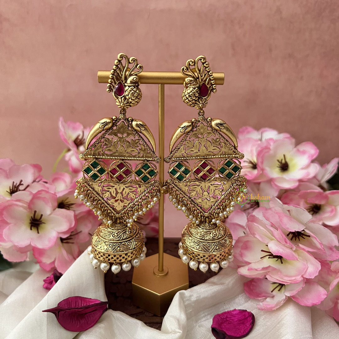 Vriksham Premium Bridal Three Tire Designer Jhumkas-Green Red -G18309