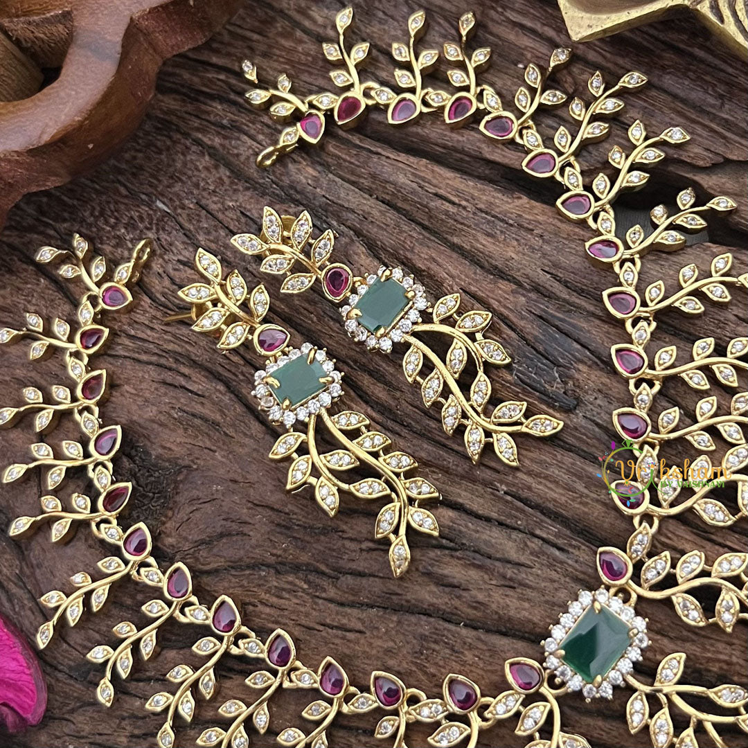 Vriksham Leaf Motif Red Green AD Stone Short Neckpiece-G16351