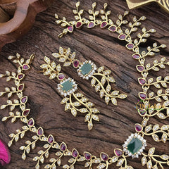 Vriksham Leaf Motif Red Green AD Stone Short Neckpiece-G16351