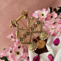 Vriksham Premium Bridal Three Tire Designer Jhumkas-Green Red -G18309