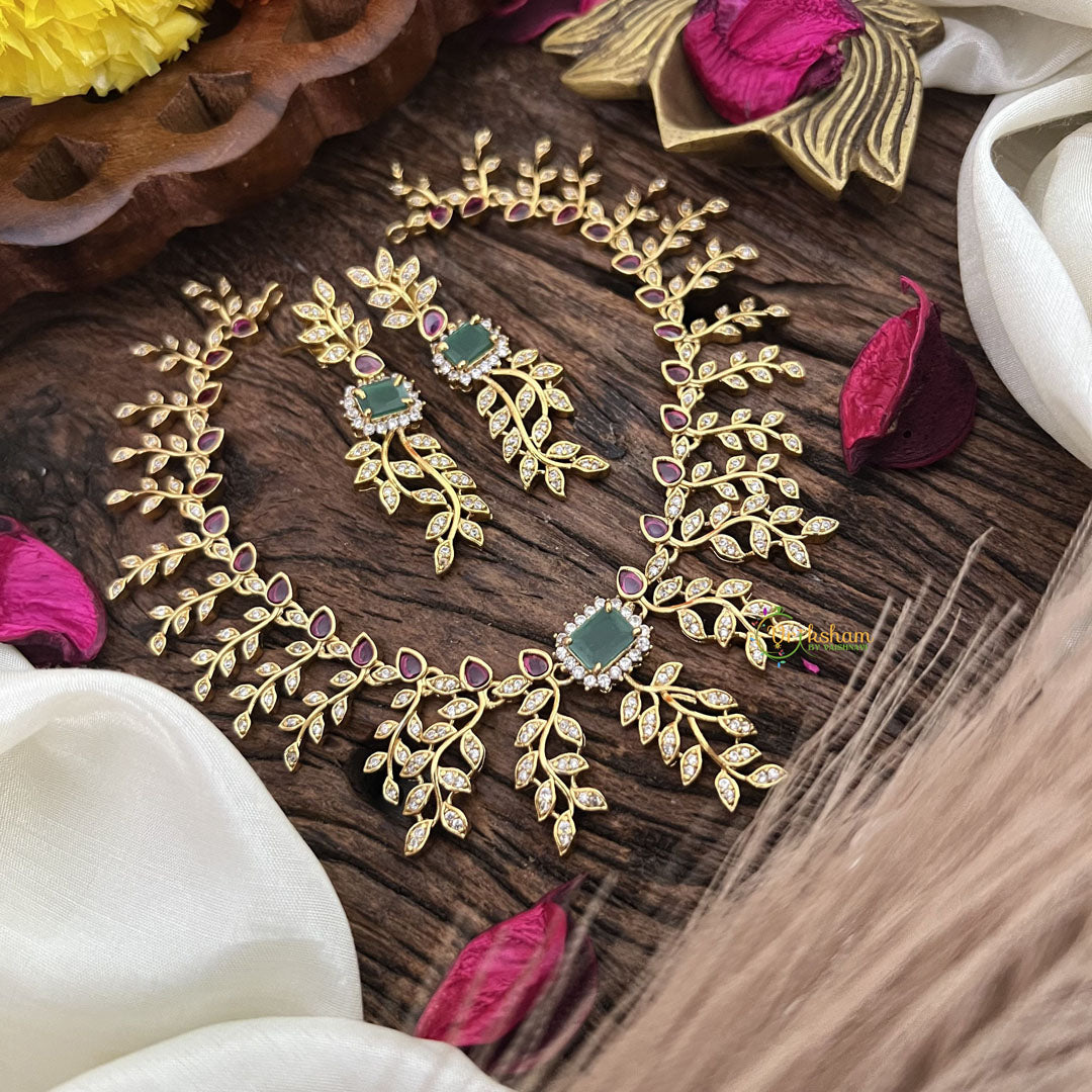 Vriksham Leaf Motif Red Green AD Stone Short Neckpiece-G16351