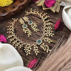 Vriksham Leaf Motif Red Green AD Stone Short Neckpiece-G16351