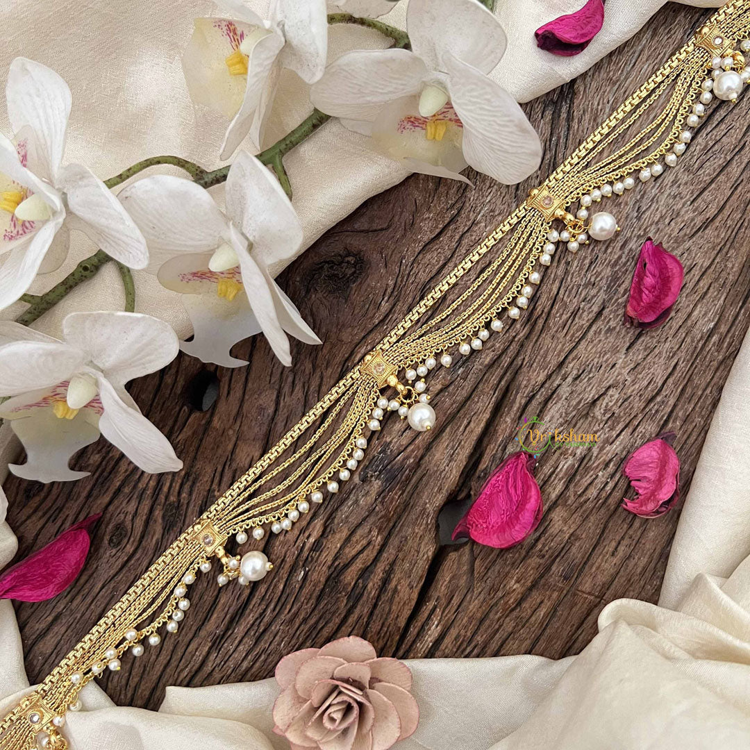 Vriksham Traditional Gold 5 layered & Pearls Drop Champ Hipchain-White-Pearls-G20788