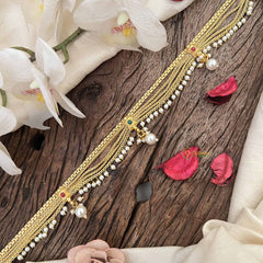 Vriksham Traditional Gold 5 layered & Pearls Drop Champ Hipchain-Red Green-Pearls-G20790