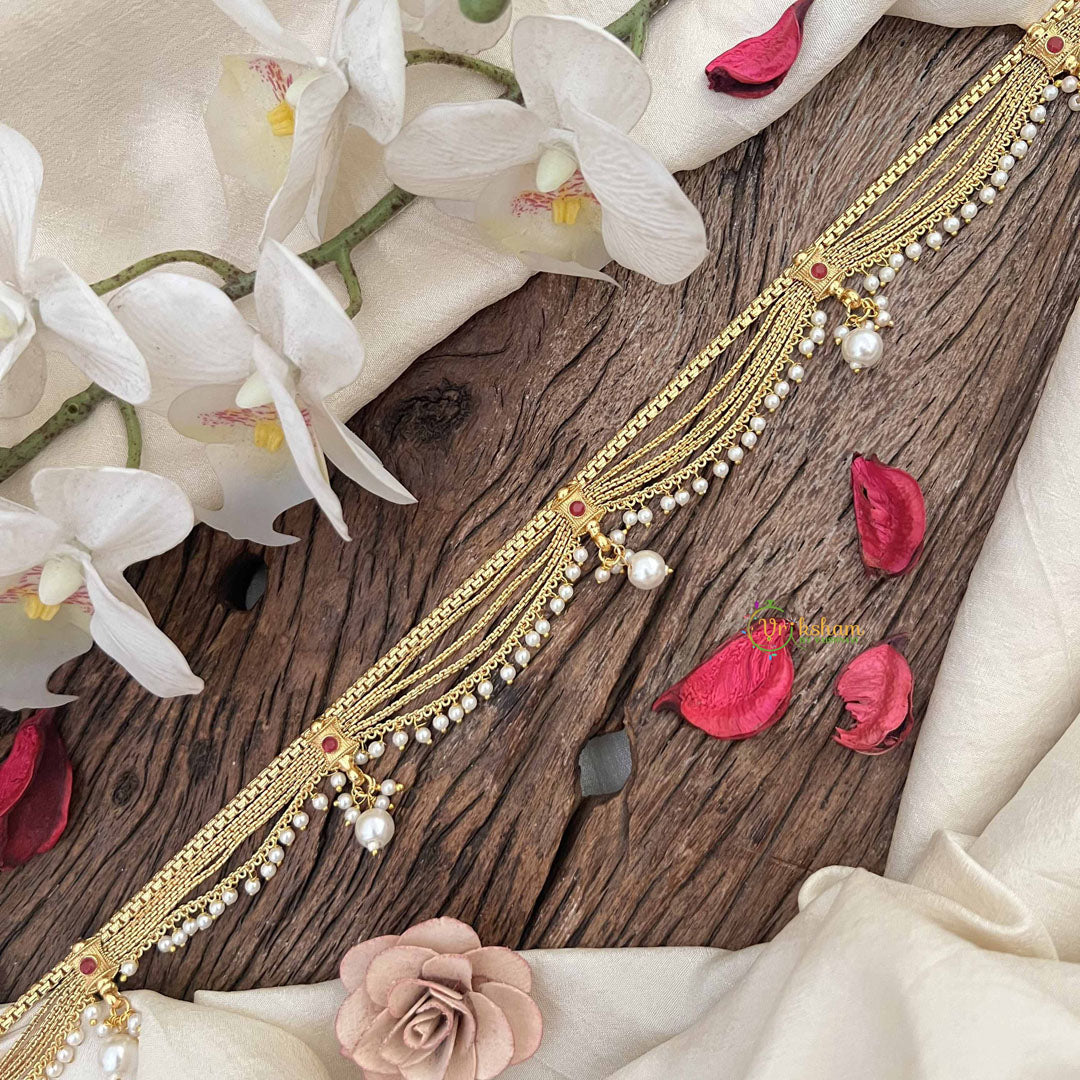 Vriksham Traditional Gold 5 layered & Pearls Drop Champ Hipchain-Red-Pearls-G20789
