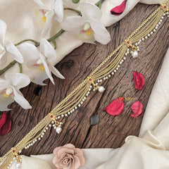 Vriksham Traditional Gold 5 layered & Pearls Drop Champ Hipchain-Red-Pearls-G20789