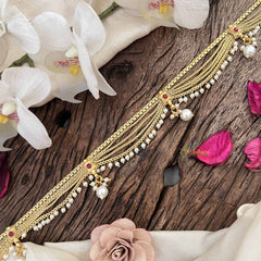 Vriksham Traditional Gold 5 layered & Pearls Drop Champ Hipchain-Red-Pearls-G20789